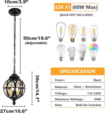 Vintage Ceiling Pendant Light Outdoor Waterproof Hanging Light for Porch, Lantern Glass Aluminum Exterior Retro Chandelier for Porch Patio Farmhouse Entryway (27cm/10.6")