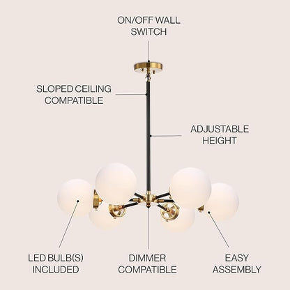 JONATHAN Y 28" Brass Gold/Black Modern 6-Light Cluster Pendant Chandelier, Clear Glass Shade Hanging Fixture for Kitchen Island Dining Room, LED Bulbs Included, Dimmable (JYL9059B)