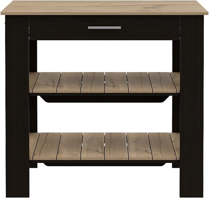 GOWE Kitchen Island 37" H, Two Open Storage Shelves, One Drawer, Four Legs,Towel Hanger, Black/Light Oak