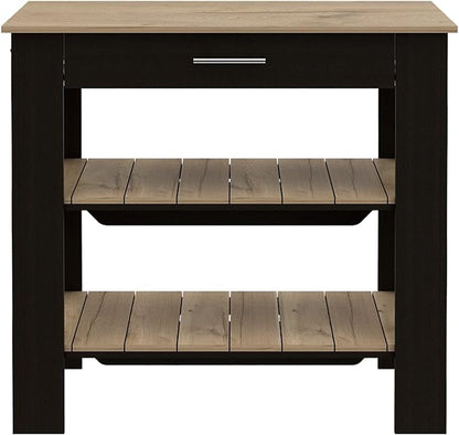 GOWE Kitchen Island 37" H, Two Open Storage Shelves, One Drawer, Four Legs,Towel Hanger, Black/Light Oak