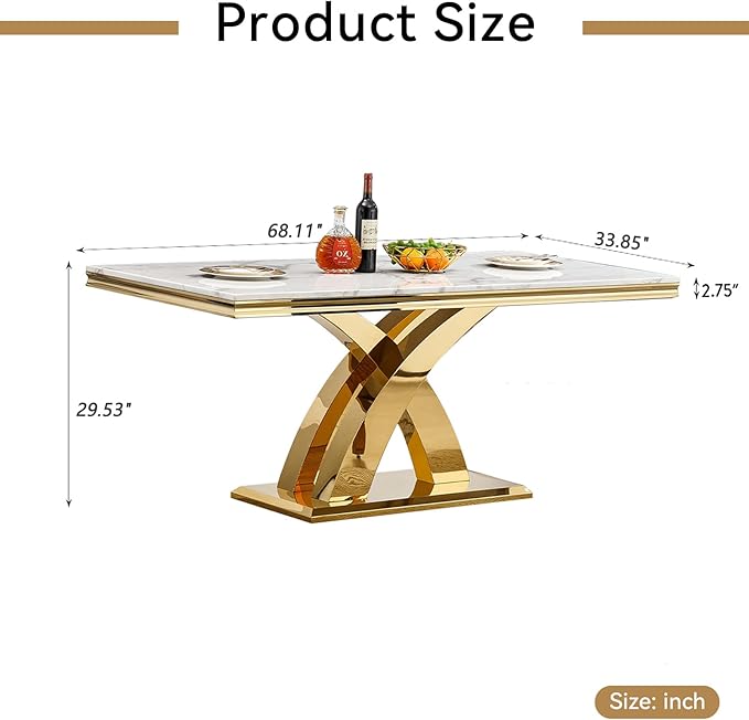 68" Faux Marble White Dining Table for 6-8, Modern Dining Room Table with 0.71" Marble Printing MDF Top and X-Shaped Gold Stainless Steel Base, Rectangle Kitchen Dinner Table