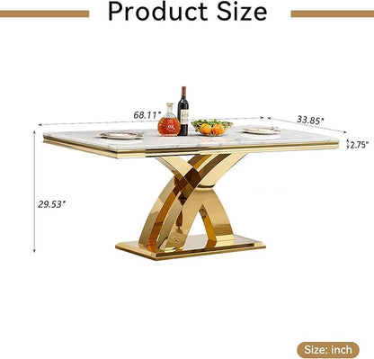 68" Faux Marble White Dining Table for 6-8, Modern Dining Room Table with 0.71" Marble Printing MDF Top and X-Shaped Gold Stainless Steel Base, Rectangle Kitchen Dinner Table