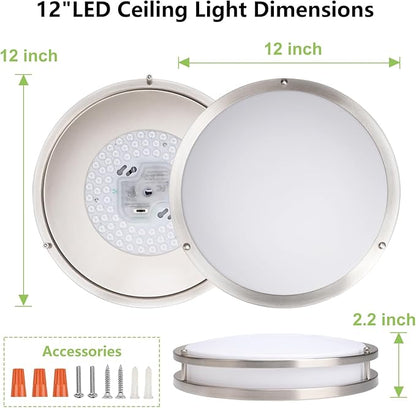 Flush Mount Ceiling Light - 2 Pack 36W 3000K/3500K/4000K/5000K/6000K Dimmable Led Ceiling Light Fixture for Kitchen Hallway Bedroom Bathroom (2, Brushed Nickel, 12 Inch)