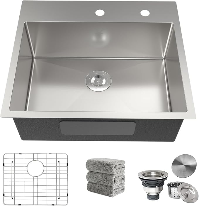 Kitchen Sink 25x22 Inch Drop In Kitchen Sink Top Mount 16 Gauge Deep R10 Single Bowl 2-Hole Stainless Steel Sink with Accessories