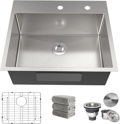 Kitchen Sink 25x22 Inch Drop In Kitchen Sink Top Mount 16 Gauge Deep R10 Single Bowl 2-Hole Stainless Steel Sink with Accessories