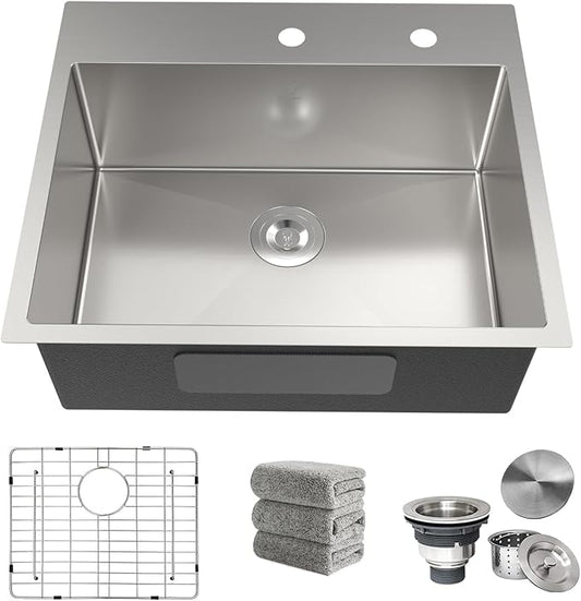 Kitchen Sink 25x22 Inch Drop In Kitchen Sink Top Mount 16 Gauge Deep R10 Single Bowl 2-Hole Stainless Steel Sink with Accessories