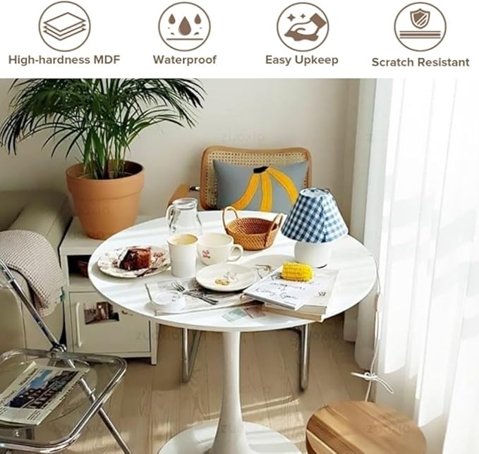 23.4" Tulip Dining Table, White, Perfect for 2-4 People, Mid-Century Modern Style, Round MDF Top with Sturdy Base for Dining Room, Living Room, Cafe