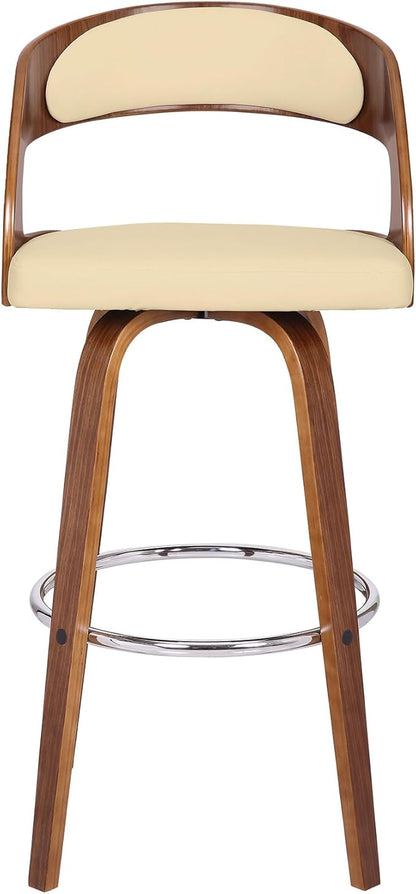 Armen Living Shelly 30" Bar Height Swivel Cream Faux Leather and Walnut Wood Bar Stool - Set of 4
