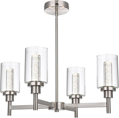 VINLUZ LED 4-Light Brushed Nickel Chandelier for Dining Room, Modern Farmhouse Chandelier with Clear Bubble Crystal Glass Shades, Ceiling Pendant Light with Adjustable Swivel Heads for Kitchen Hallway