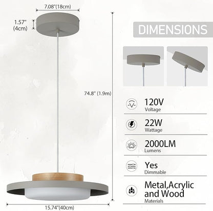 Modern Pendant Lights,15 inch,Real Wood Cap,3000K/Warm White/22W Dimmable,LED Pendant Light Fixtures for Kitchen, Dining Room, Living Room,Gray