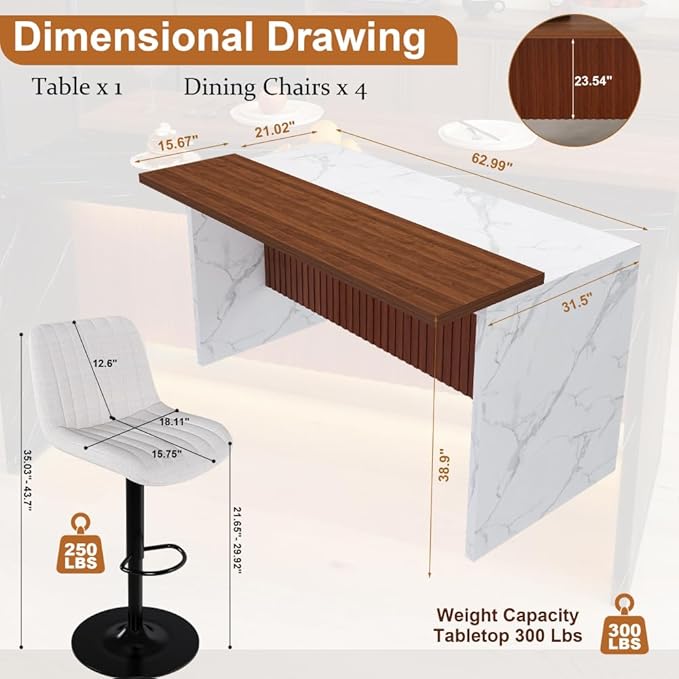 63 Inch Kitchen Island with 4 Deep Brown Bar Stools – White Marble Countertop, Integrated LED Lighting & Grille Design, Multi-Functional Breakfast Bar for Dining Rooms, (White+4beige)
