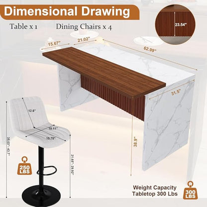 63 Inch Kitchen Island with 4 Deep Brown Bar Stools – White Marble Countertop, Integrated LED Lighting & Grille Design, Multi-Functional Breakfast Bar for Dining Rooms, (White+4beige)
