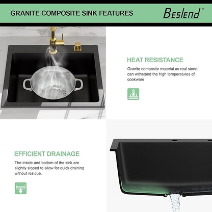 25 Granite Composite Kitchen Sink - Beslend 25x22 Inch Drop In Granite Kitchen Sink Topmount Black Quartz Sinks Classic Above Counter Single Bowl Basin