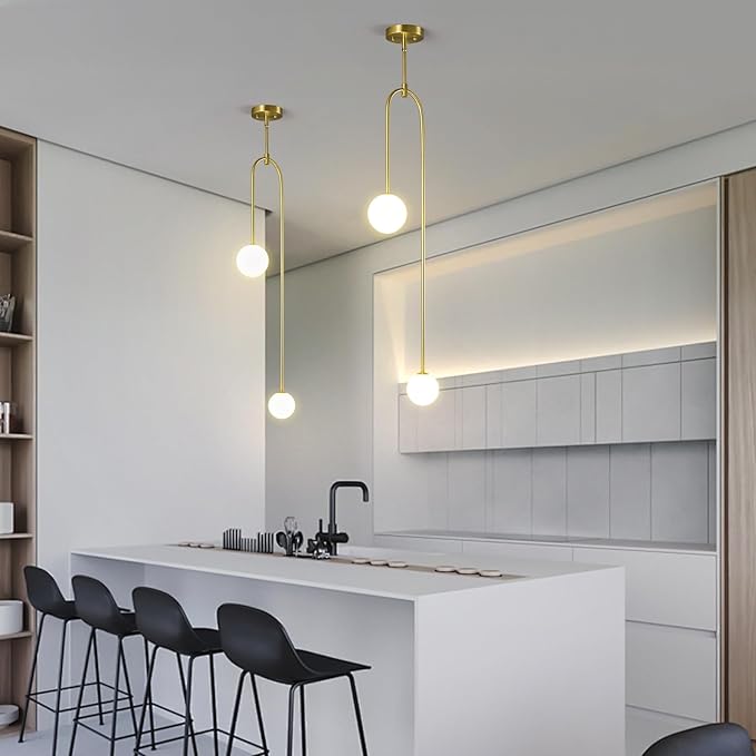 Modern Milk Glass Pendant Light 2 Light Mid Century Chandelier Small Glass Globe Gold Pendant Lights for Kitchen Island Bedroom Dining (2 Pack)