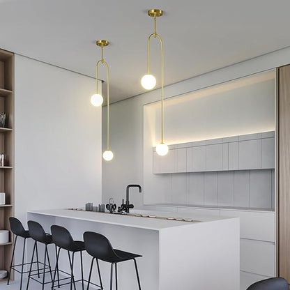Modern Milk Glass Pendant Light 2 Light Mid Century Chandelier Small Glass Globe Gold Pendant Lights for Kitchen Island Bedroom Dining (2 Pack)
