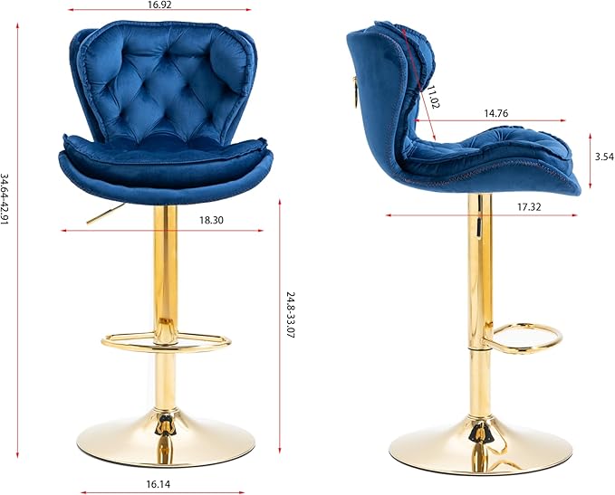 Rhomtree 24-33 Inch Swivel Bar Stools, Adjustable Counter Height Barstools, Velvet Tufted Back and Golden Footrest, Bar Chairs for Kitchen Island, Cafe, Bar, Bar Counter, Coffee(Navy Blue Set of 8)