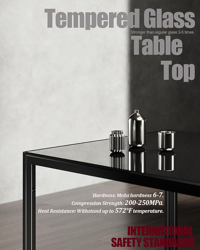 Modern Black Glass Table with Tempered Glass Top, Rectangular Dining Table, Space Saving for Apartments & Small Places, 47.25", Black