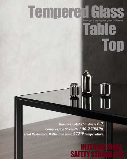 Modern Black Glass Table with Tempered Glass Top, Rectangular Dining Table, Space Saving for Apartments & Small Places, 47.25", Black
