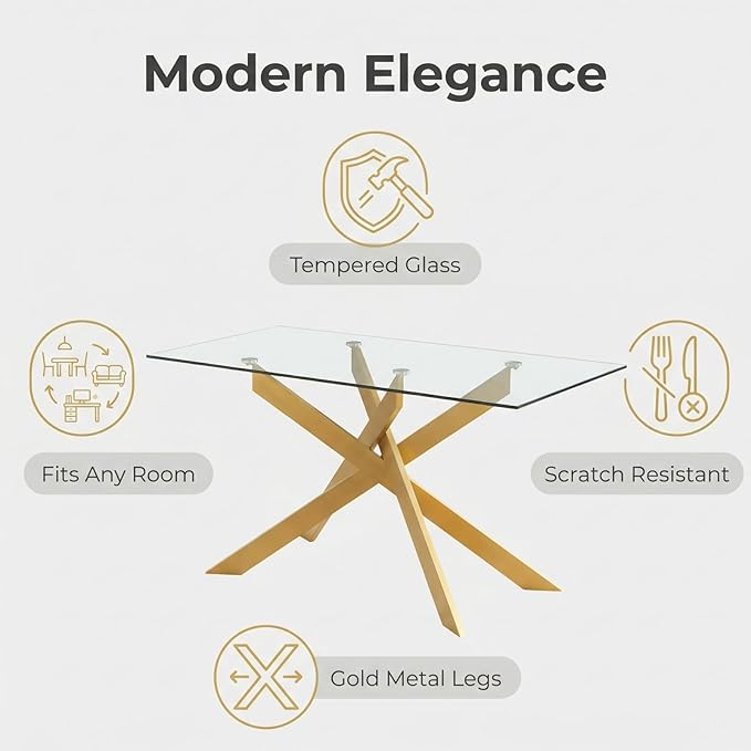Edwin's Choice 58.5” Rectangle Glass Dining Table, Tempered Glass Table Top and Metal Tubular Legs, Modern Style Table for Home, Kitchen, Dining Room 58.5”Lx29”Wx30”H, Gold