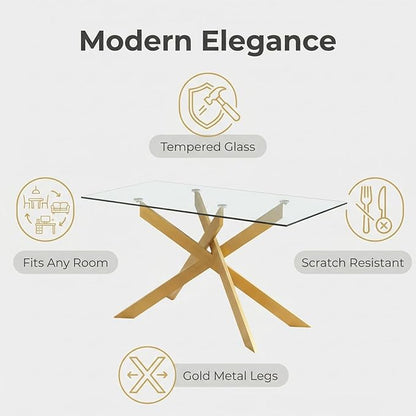 Edwin's Choice 58.5” Rectangle Glass Dining Table, Tempered Glass Table Top and Metal Tubular Legs, Modern Style Table for Home, Kitchen, Dining Room 58.5”Lx29”Wx30”H, Gold