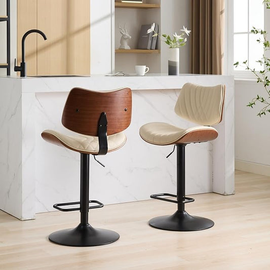Geelife Walnut Bentwood Stools Mid Century Modern Adjustable Counter Height Black Leather Upholstered 360°Swivel Chairs for Kitchen Island/Dining Room/Cafe