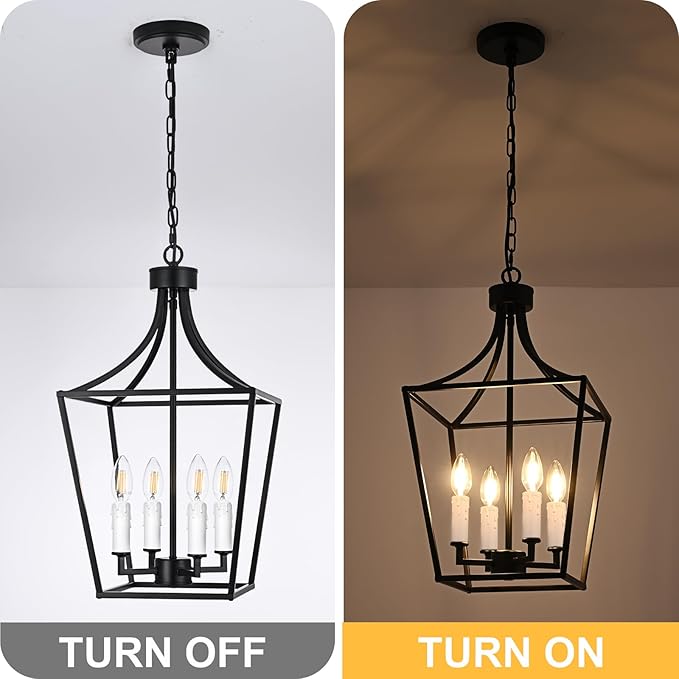 4-Light Black Lanter Chandelier, Height Adjustable Hanging Lighting, Farmhouse Dining Room Pendant Light Fixture for Kitchen Island Entryway Staircase, E12 Bulb Base