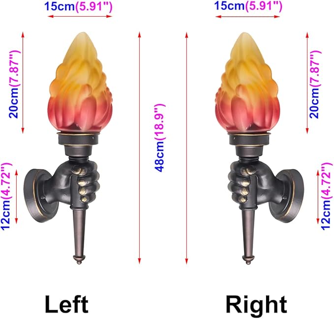 Retro Outdoor Waterproof Wall Light Fixture Holding Torch Wall Lamp Left+Right Torchbearer Hand Light Glass Lampshade E27 LED Bulb 7W Industrial Style,Bronze Finish,3000K(2Pcs)