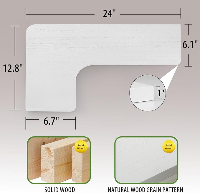 SAUMONIERES Corner Floating Shelves 24 Inch Wall Mount Shelf Solid Wood for Bedroom Bathroom Kitchen Storage Set of 2, White