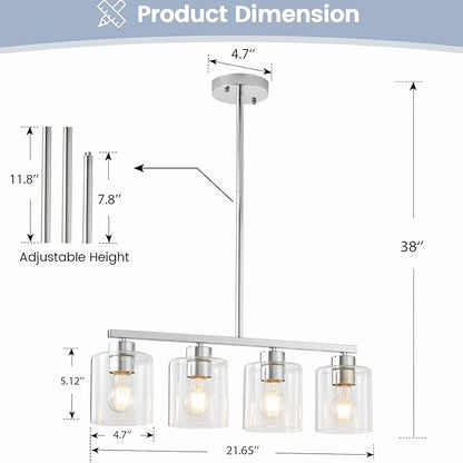 4-Light Kitchen Island Light Fixture, Silver Pendant Lights, Farmhouse Dining Room Light Fixtures Over Table, Modern Hanging Light Fixtures with Clear Glass, E26 Base, Bulbs Not Included