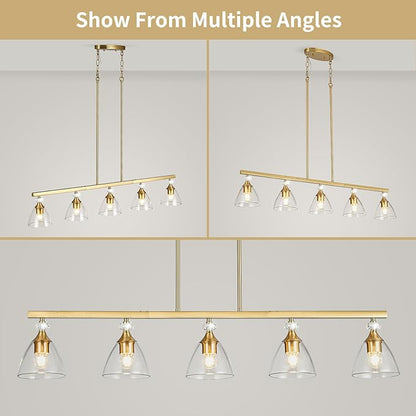 5-Light Gold Finish Kitchen Island Pendant Lighting with Clear Glass Shades for Dining Table, Kitchen Island, Living Room