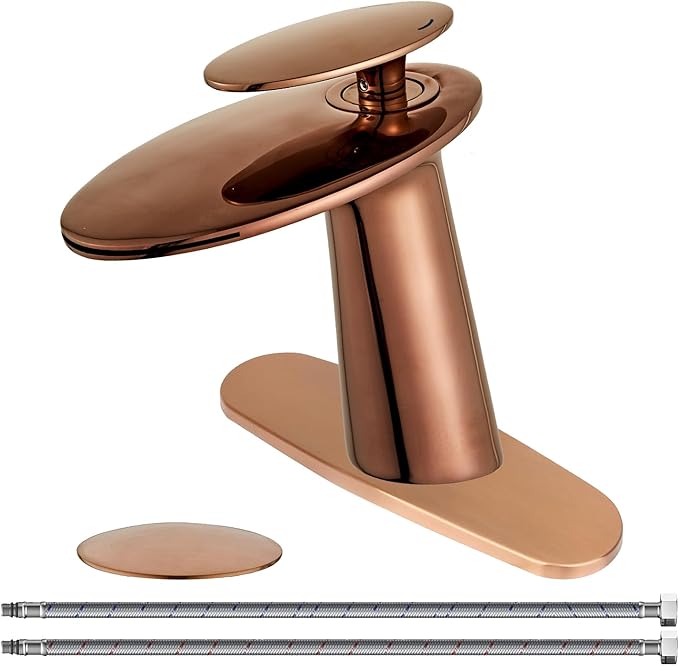 Wovier Rose Gold Waterfall Bathroom Sink Faucet,Single Handle Single Hole Brass Lavatory Vanity Faucet,Slanted Body Basin Mixer Tap with Supply Hose and Pop Up Drain Assembly