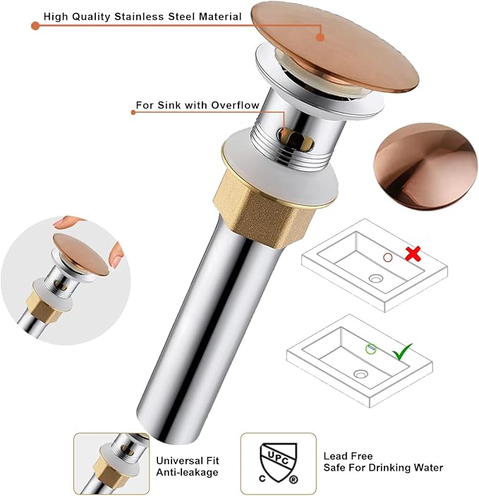 Wovier Rose Gold Waterfall Bathroom Sink Faucet,Single Handle Single Hole Brass Lavatory Vanity Faucet,Slanted Body Basin Mixer Tap with Supply Hose and Pop Up Drain Assembly