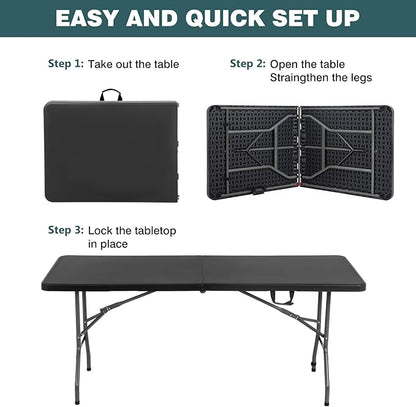 FDW 6 Foot Outdoor Dining Table, Foldable Portable Rectangular Plastic Folding Table with Built in Carrying Handle for Party and Wedding Use, Black