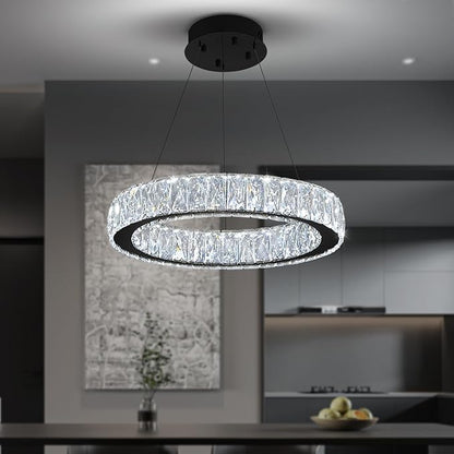 Modern 23.6'' Ring Crystal Chandelier Adjustable LED Ring Pendant Light Dimmable Black Round Crystal Chandelier Light for Dining Room Living Room