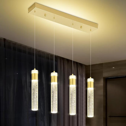 4-Light Gold Pendant Lights Kitchen Island Modern LED Dimmable Gold Crystal Column Ceiling Light for Dinning Room Living Room 32W