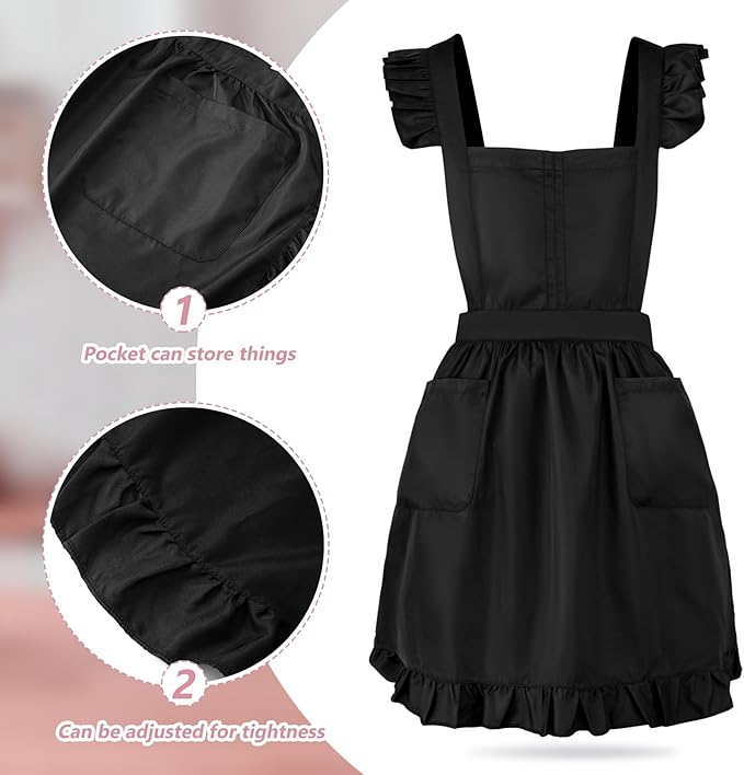 Geyoga Aprons for Women with Pockets Kitchen Cooking Waitress Maid Apron Vintage Skirt Cute Ruffle Dress Costume(Black,Long Style)