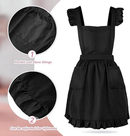 Geyoga Aprons for Women with Pockets Kitchen Cooking Waitress Maid Apron Vintage Skirt Cute Ruffle Dress Costume(Black,Long Style)