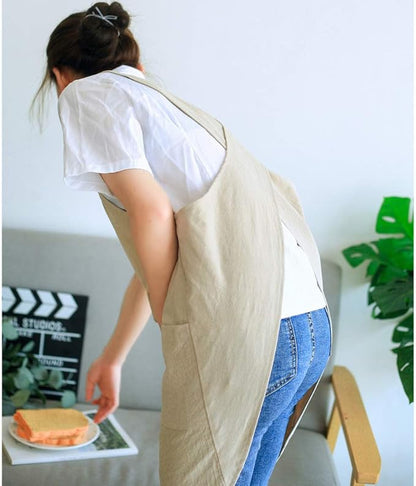 Soft Cotton Linen Apron Cross Back X-Shaped Japanese Style Pinafore Dress for Cooking, Housewarming, Daily Chores