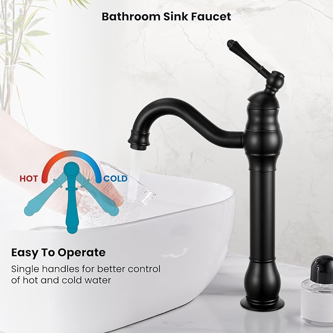 gotonovo Vessel Sink Faucet 360° Swivel Spout Single Handle Tall Bathroom Faucet 1 Hole Farmhouse Lavatory Washbasin Mixer Tap Matching Supply Hoses, Without Pop Up Drain, Matte Black