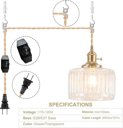 Pendant Light Fixtures,Plug in Hanging Light Fixture 6.6in Glass Pendant Light,E26 Pendant Lighting for Kitchen Island, Bedroom, Dining Room, Living Room
