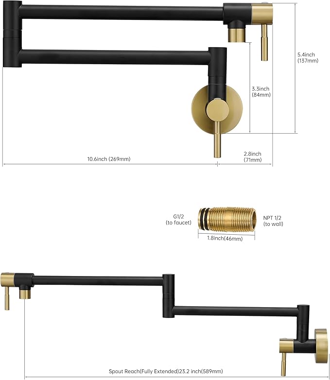 Fransiton Black & Gold Pot Filler, Pot Filler Faucet Wall Mount, Brass Folding Stretchable with Double Joint Swing Arm Single Hole Two Handles Kitchen Restaurant