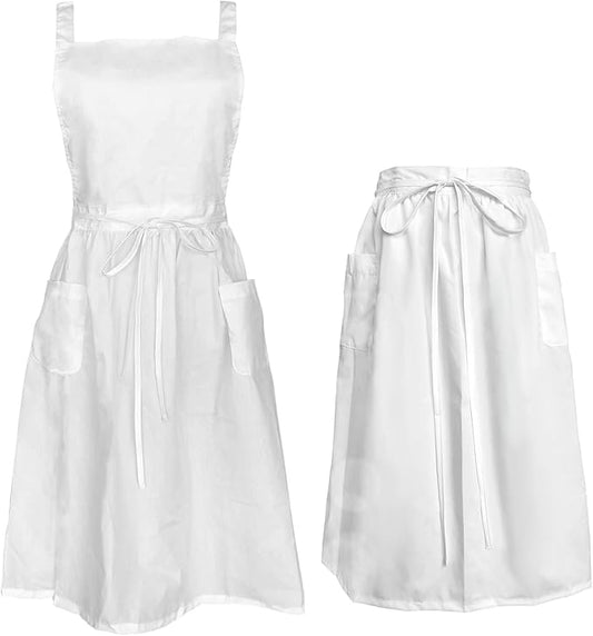 Cityelf Vintage White Apron Maid Pioneer Costume Victorian Style Cotton 50’s Ruffle Dress Apron with Long Ties and Pockets