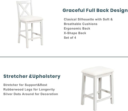 Harper & Bright Designs 5 Pieces Counter Height Wooden Bar Table Set with 3-Tier Shelf, 2 stools and 2 Chairs, Rustic Farmhouse Dining Table Set for 4, White