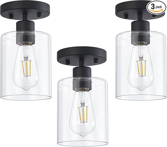 YYT Small Kitchen Ceiling Lights Black Hallway Light Fixtures Hallway Light Fixtures Ceiling Black 1-Light Semi Flush Mount Ceiling Light Single Light Fixture with Clear Glass Shade Pack of 3