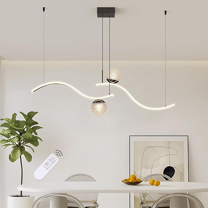 ORANOOR Modern LED Globe Pendant Light, 39in Dimmable Black Hanging Chandelier Light Fixture, 2-Wave Kitchen Pendant Lighting Over Island, Dining Room Lights Ceiling Hanging Over Table (2-Bulb)