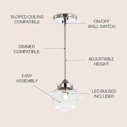 JONATHAN Y 7.25" Chrome Modern Schoolhouse LED Pendant Light Fixture, Adjustable Drop Metal Hanging Lamp with White Glass Shade for Kitchen Island, Dining Room, Foyer (JYL3516B)