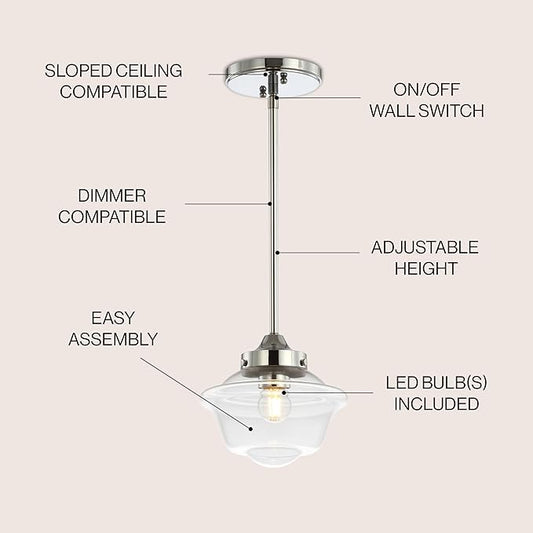 JONATHAN Y 7.25" Chrome Modern Schoolhouse LED Pendant Light Fixture, Adjustable Drop Metal Hanging Lamp with White Glass Shade for Kitchen Island, Dining Room, Foyer (JYL3516B)