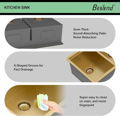 30 Gold Undermount Kitchen Sink - Beslend 30x19 Gold Double Bowl Kitchen Sinks Workstation 16 Gauge Stainless Steel Golden Sink Low Divide Double Basin 50/50