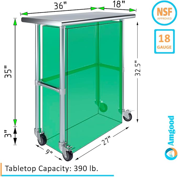 Stainless Steel Work Table Open Base & Wheels | NSF Kitchen Island Food Prep | Laundry Garage Utility Bench (36" Long x 18" Deep)