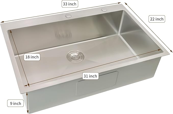 33x22 Drop In Kitchen Sink, Delironexu 18 Gauge 304 Stainless Steel Single Bowl Kitchen Sink, 33 Inch Top Mount Kitchen Sink, Kitchen Sink 33x22 Drop In with Bottom Grid & Drain Assembly
